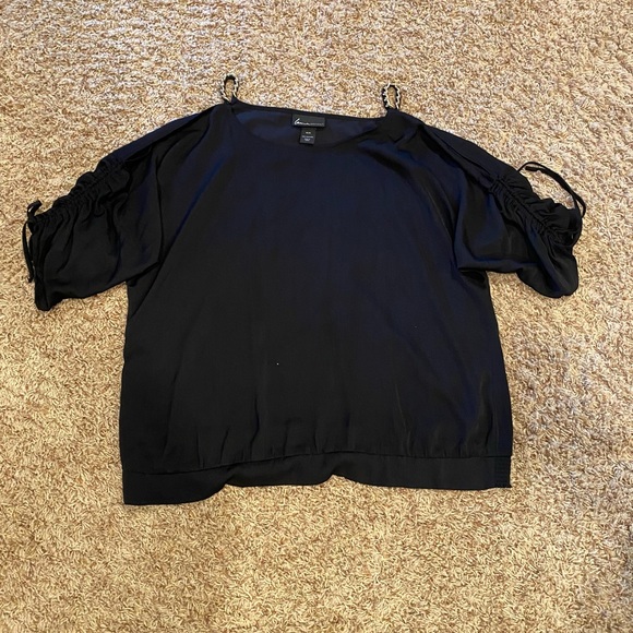 Black Cold Shoulder Blouse with Gold Chain Straps & cinched Tied Sleeves - Picture 2 of 7